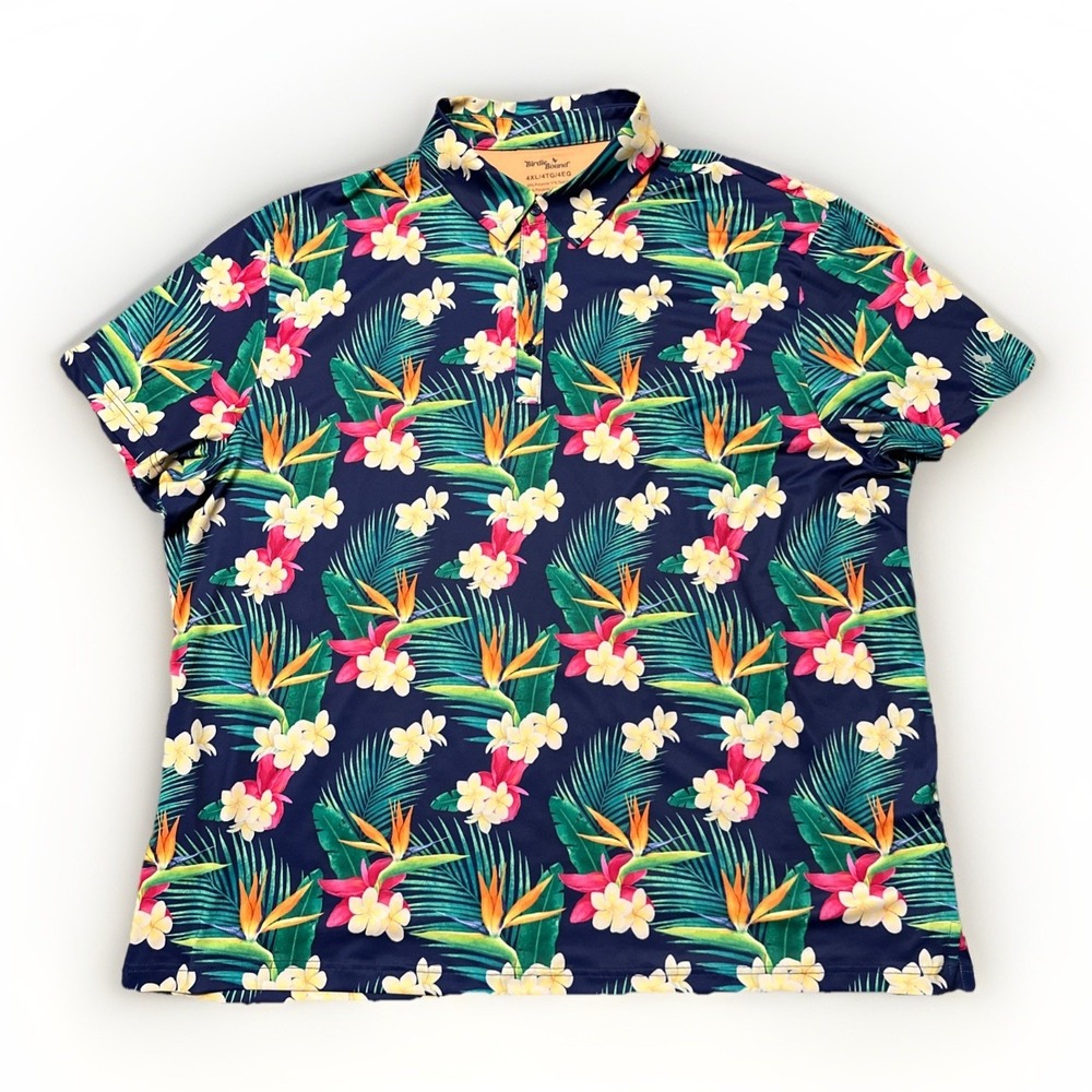 Birdie Bound Golf Polo Shirt Mens‎ 4XL Blue Pink Leaf Print Hawaiian Performance